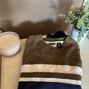 Cherokee Brown and Cream V-Neck Sweater with Classic Stripes